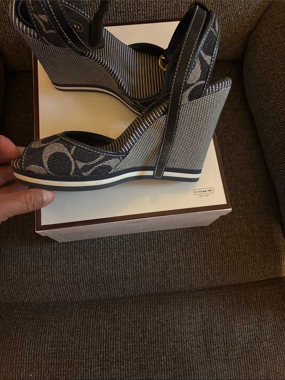 Coach Navy and Cream Signature Wedge Sandals - Picture 2 of 5